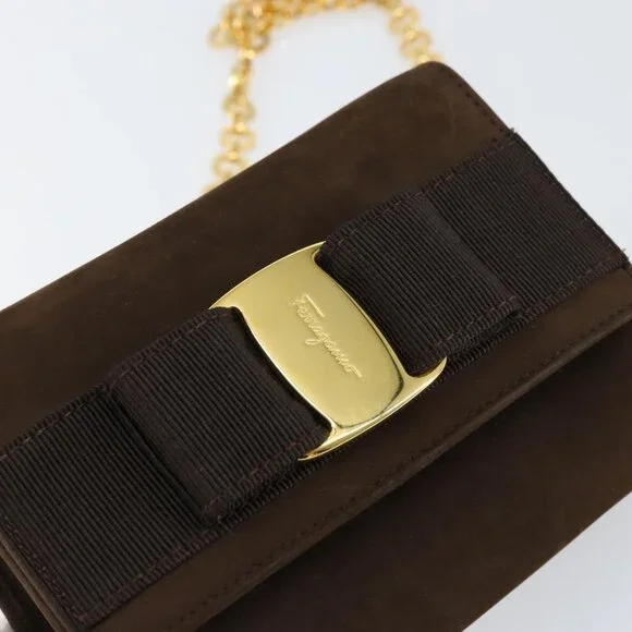 Authentic Salvatore Ferragamo Vala Chain Shoulder Bag Suede Brown Gold - Picture 6 of 16